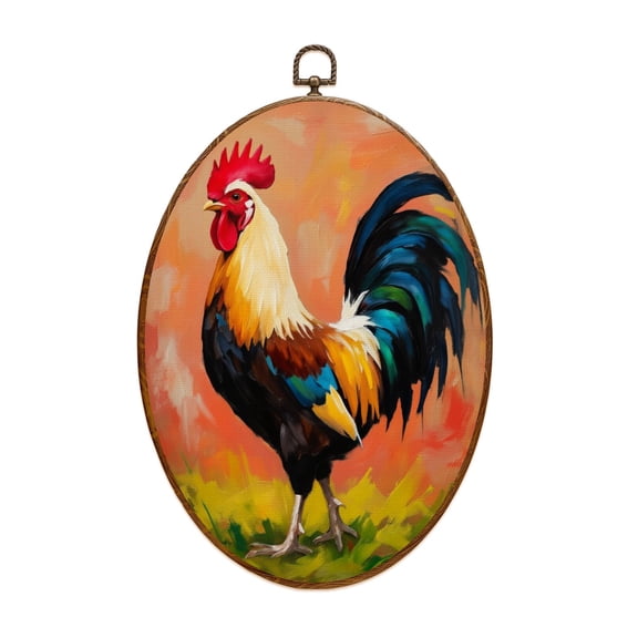 Farmhouse Canvas Wall Art Colorful Rooster Vibrant Feathers Artistic Painting Style Oval Framed Canvas Prints Vintage Wall Hanging Decor for Home Decorations 8.6"x11.4"