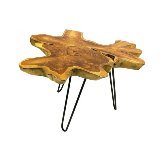 Mountain Woods Live Edge Side Table Hand Made With Selected Organic Brazilian Teak Wood, Natural Finished, 28”X28”X18”