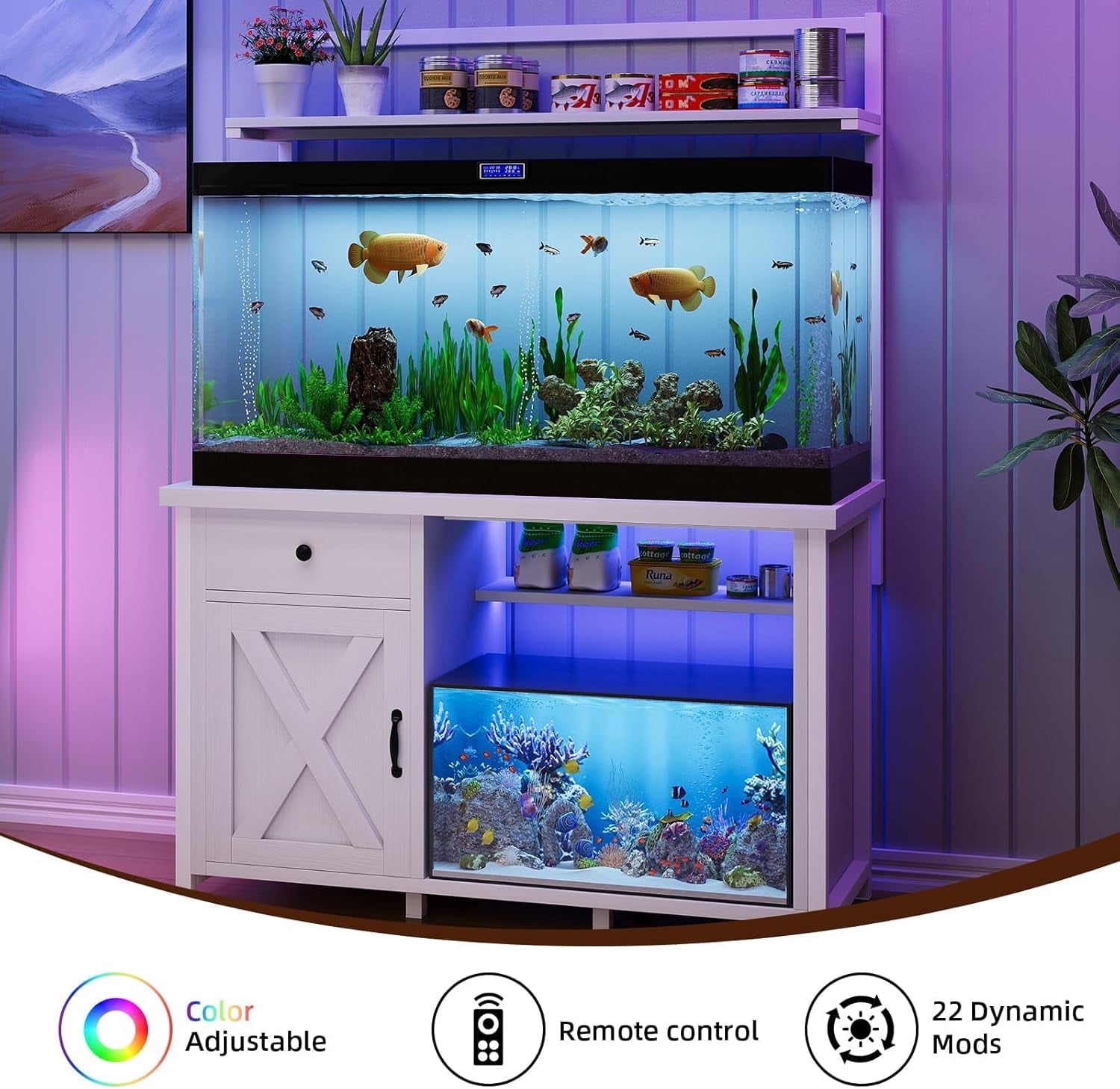 Catrimown Fish Tank Stand with Power Outlet and Led Light, Cabinet for 55-75 Gallon Aquarium, RGB Lighting Strip Ideal for Turtle Enclosure, Supports up to 1100 Pounds, White