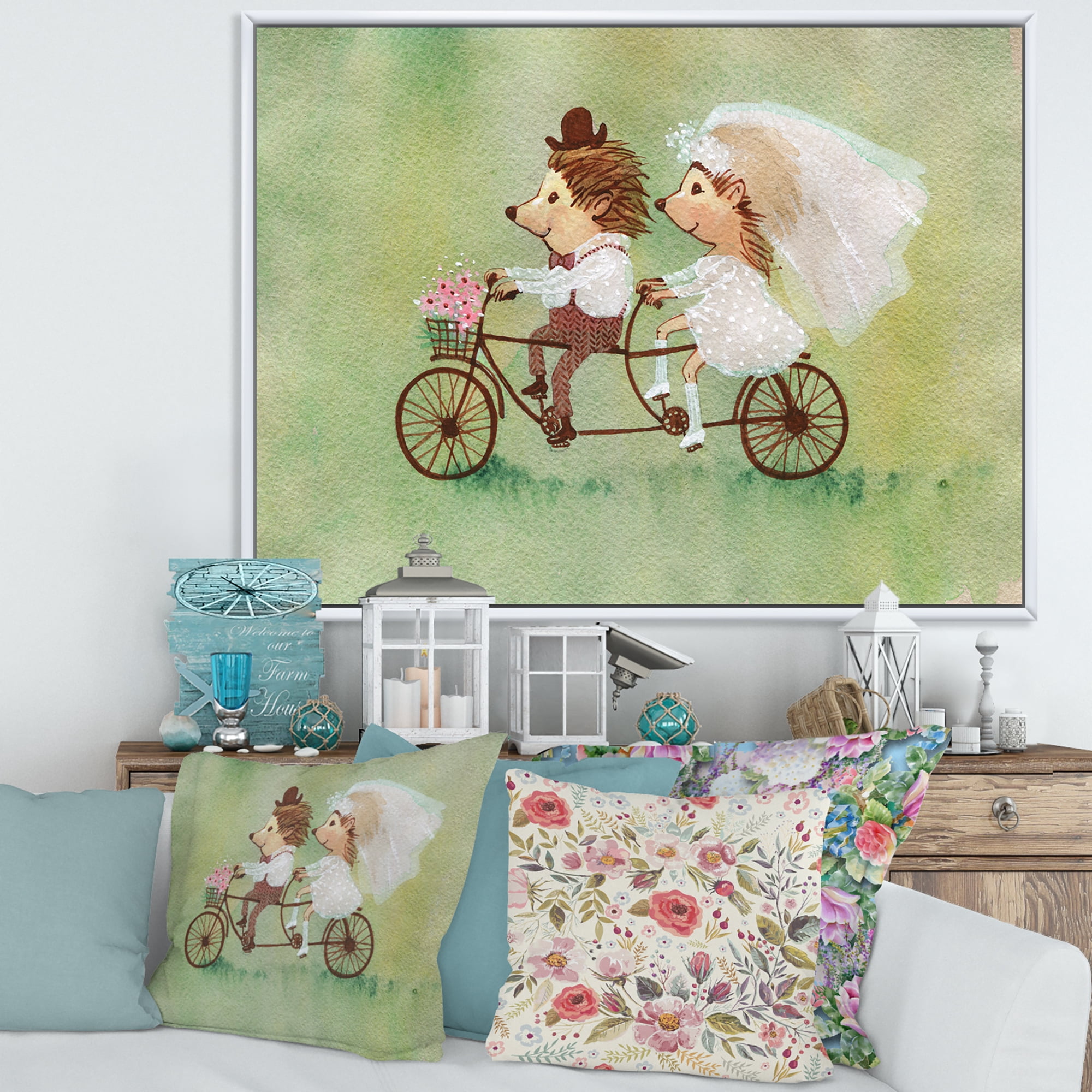 Designart 'Wedding Couple of Hedgehogs Riding A Bike' Traditional Framed Canvas Wall Art Print