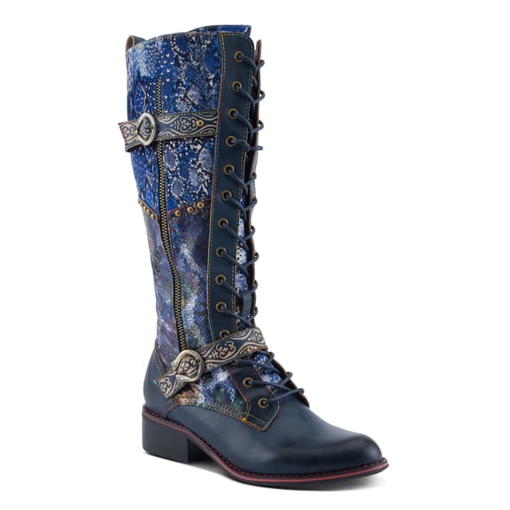 L'Artiste Vaneyck Knee High Boots for Women with Iridescent Metallic Upper | Ladies Tall Boots with Decorative Double Buckles and Lace Up Zipper Closure