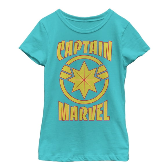 Girl's Marvel Captain Marvel Star Symbol Shield  Graphic Tee Tahiti Blue Small