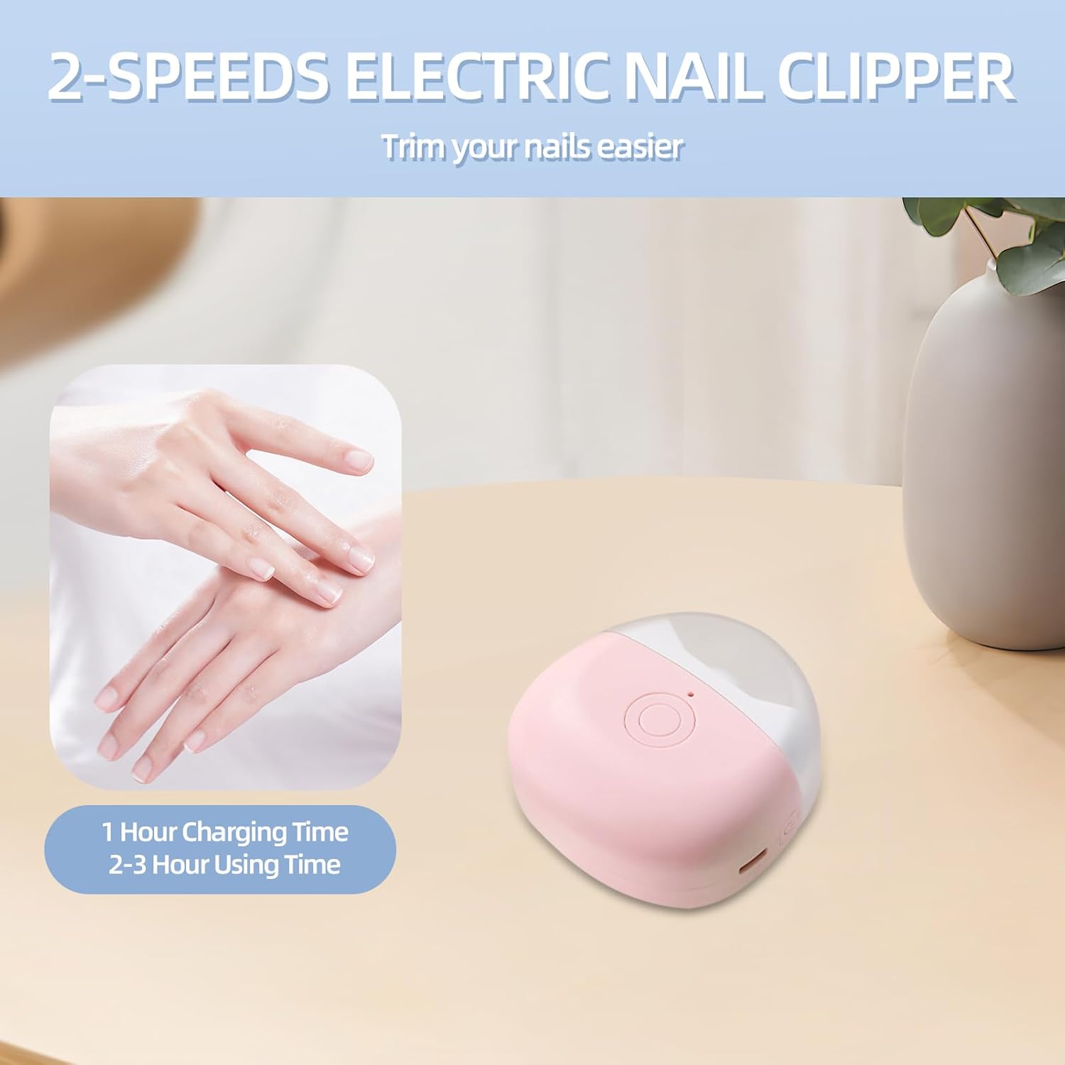 ABPETE Electric Nail Clippers,2 Adjustable Speeds, Cordless Rechargeable Fingernail Cutter with LED Light, Safety Electric Nail Trimmer for Adults, Children and Elders, Pink
