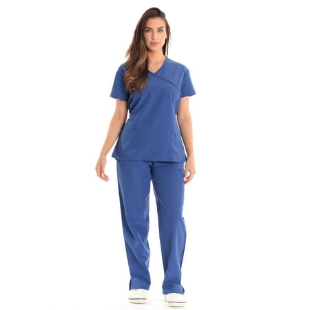 

Just Love Women s Scrub Sets Medical Scrubs (Mock Wrap) - Comfortable and Professional Uniform in (Carribean Blue with Carribean Blue Trim X-Small)