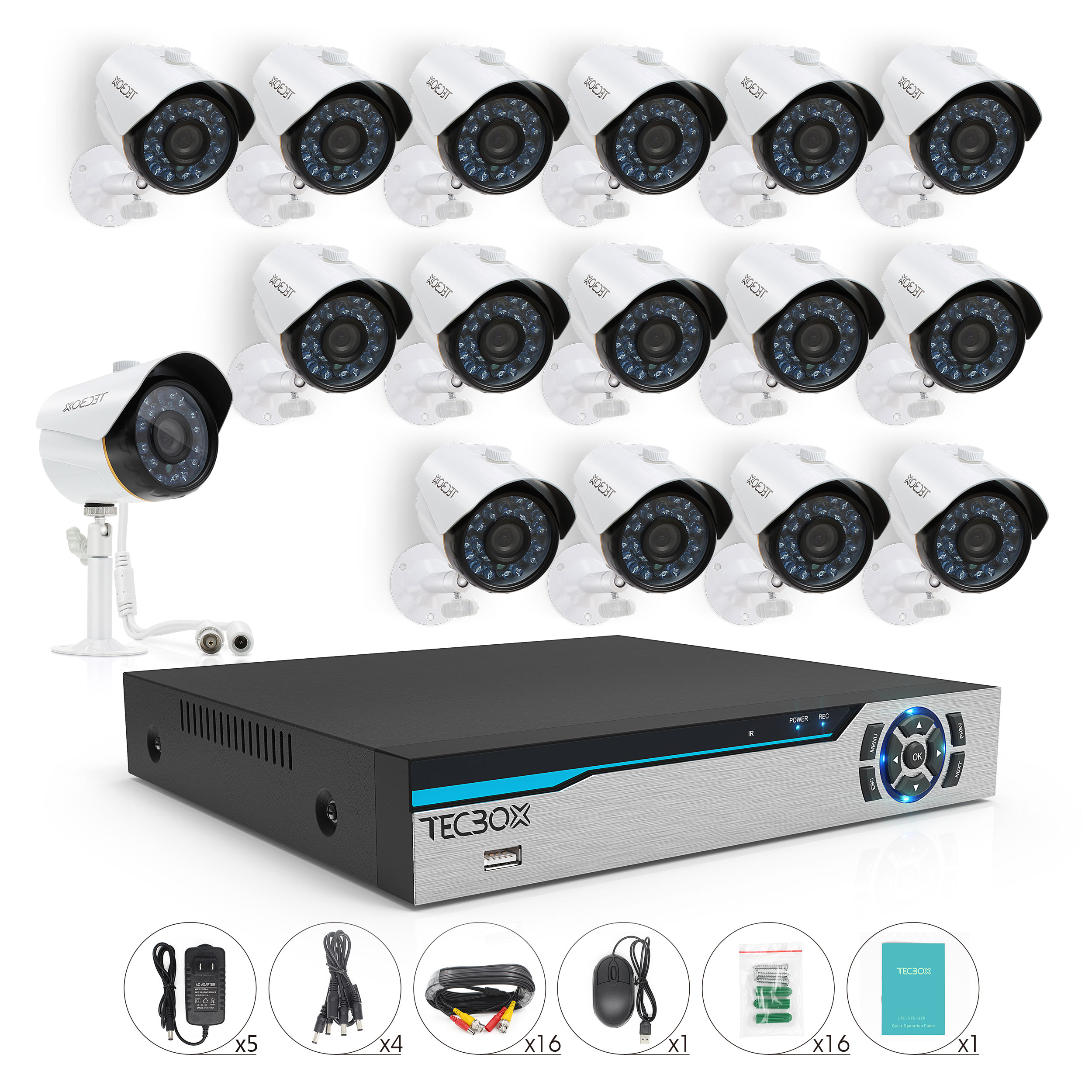TECBOX 16 CH Wired Home Surveillance Camera System AHD 720P Outdoor