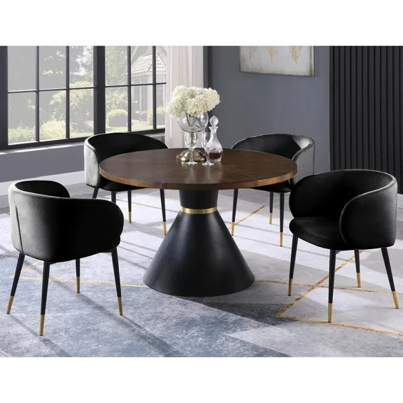 Luxurious 5Pc Dining Set, 48in. Round Dining Table with Velvet Upholstered Side Chair, Barrel Back and Gold Accent, Black