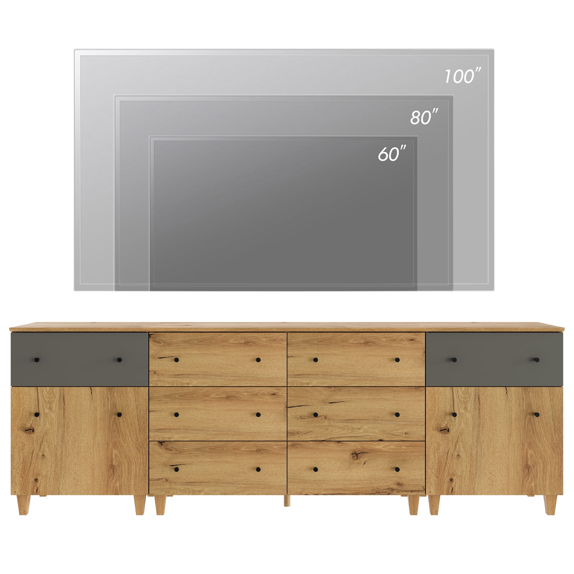 WAMPAT TV Stand for 100+ Inches TVs, 3-in-1 Modern Wooden Media Console with 8 Spacious Drawers and 2 Storage Cabinets for Living Room, Oak Brown
