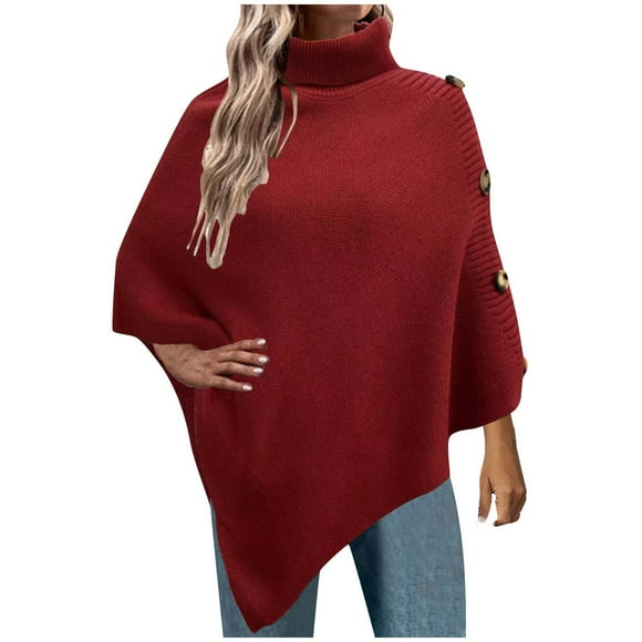 Pulls pour Femmes Mode Automne Col Roulé Bouton Irrégulier Manches Longues Chandail Décontracté Blouse Chandail Classique pour Femmes P-107 Vin P