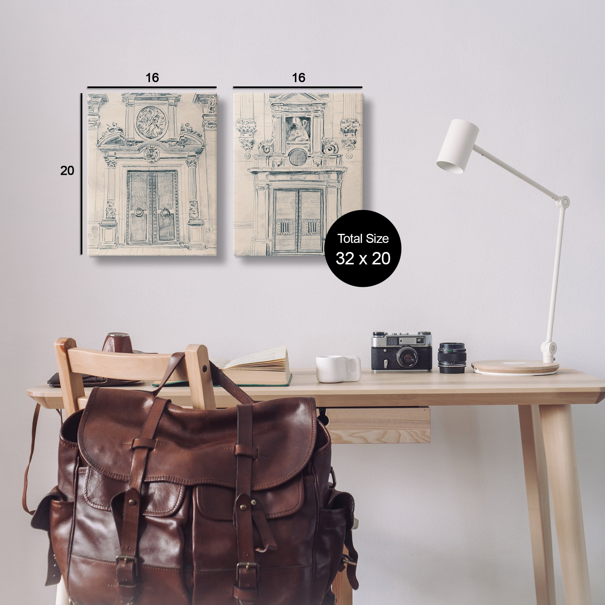 Stupell Industries Pencil Sketch Ornate Door Buildings & Architecture Drawing Wrapped Canvas Art Print Wall Art, 16 x 20, Set of 2