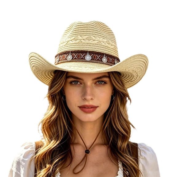 Tfken Sun Hats For Women Summer Beach Hiking Cowboy Lightweight Straw Sunhat With Drawstring Fashion Wear Outdoor Ladies Women Soft Cap Beige