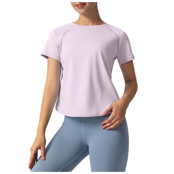 GEWSEY Workout Tops for Women Cropped Split Back Athletic Gym Exercise Shirts Loose Fit (Purple, M)