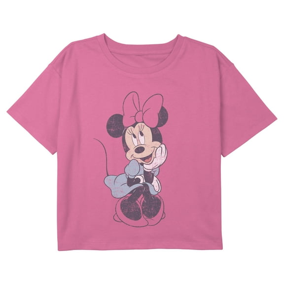 Girl's Mickey & Friends Distressed Sitting Happy Minnie Graphic Cropped T-Shirt Light Pink X Small