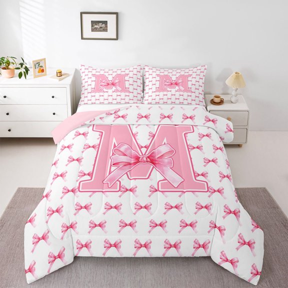 Feelyou Bow Letter M Twin Comforter Sets, Pink Cartoon Bedding Set, 2 Pieces