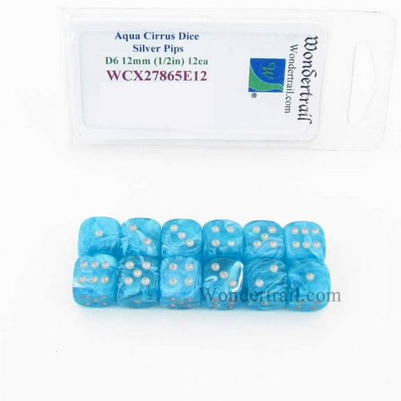 Aqua Cirrus Dice with Silver Pips 12mm (1/2in) D6 Set of 12 Wondertrail