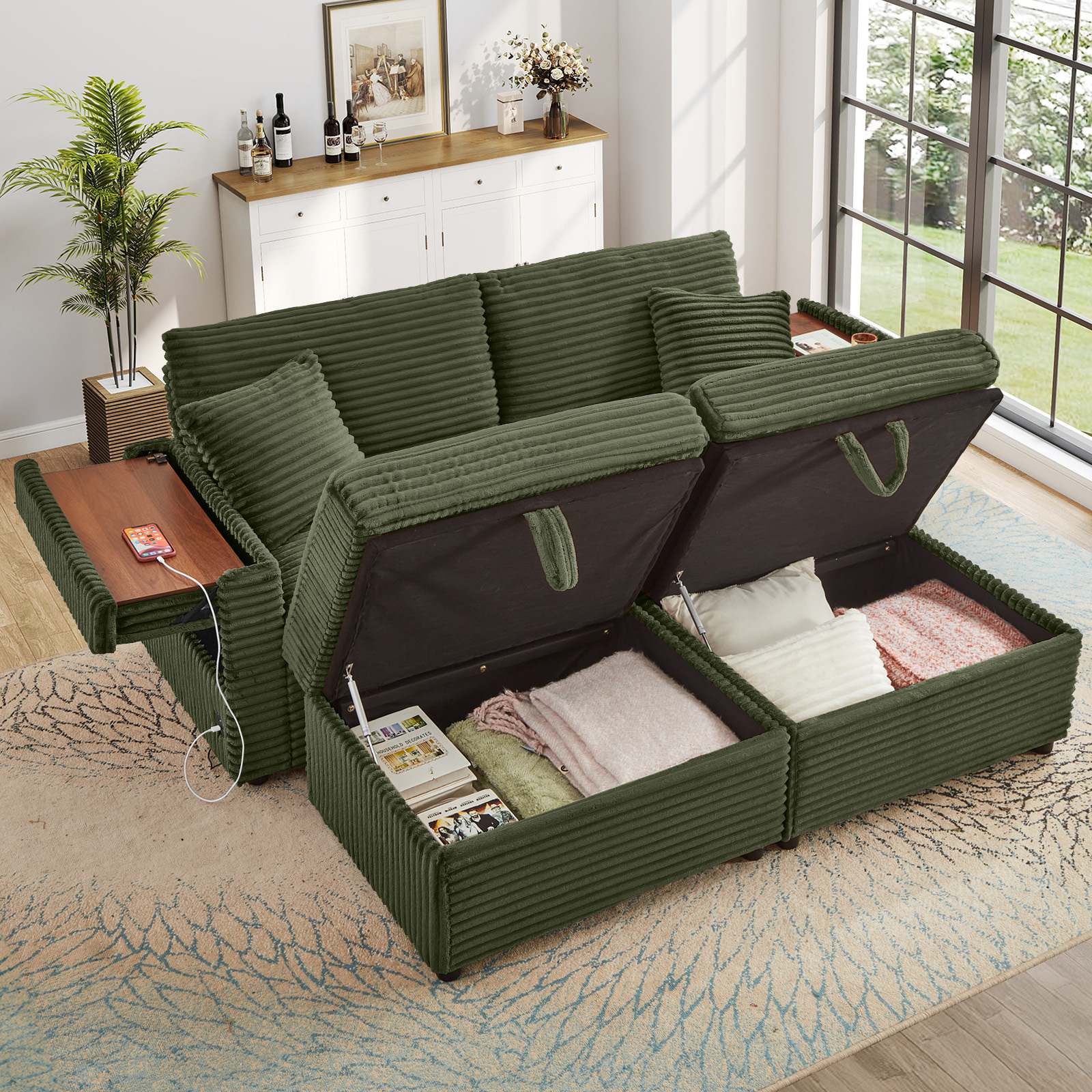 Muumblus Loveseat Sectional Sofa with 2 Storage Ottomans, Modular Cloud Couch with 2 Side Tables & USB, Plush Double Chaise Lounge Sofa Bed Indoor, Green Corduroy