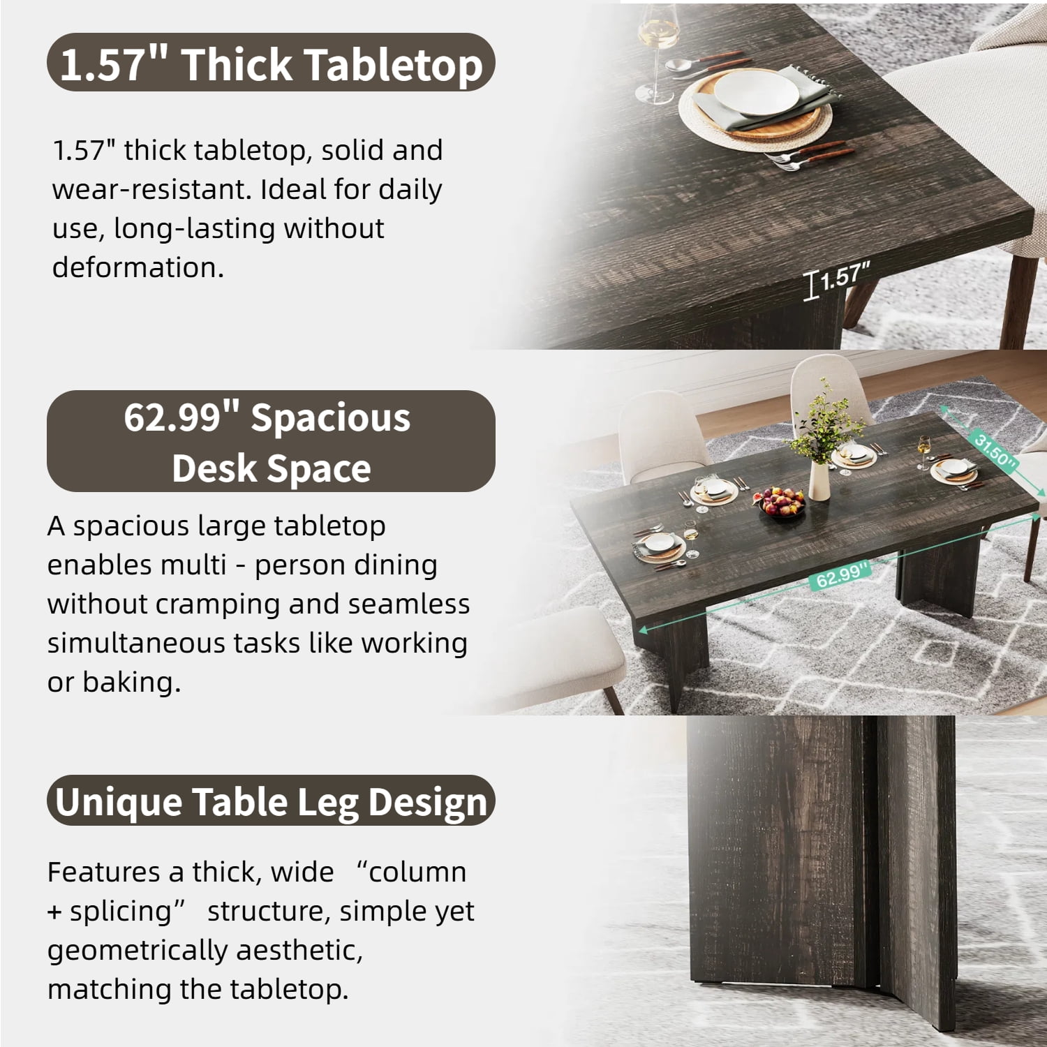 Fnova 63" Rectangular Modern Dining Table, Wooden Modern Kitchen Table for 6 People for Dining Room, Black (Chairs Not Included)