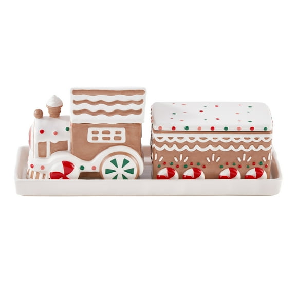 Holiday Time Ceramic Train Treat Jars with Base, Set of 2