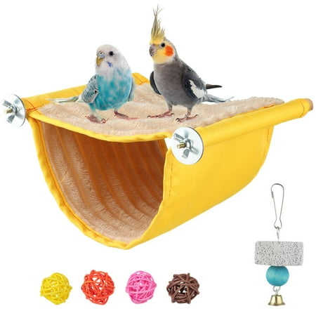 Bird Hammock Nest , Winter Warm Fleece Bed with Rattan Balls & Grinding Stone, Bird Hanging House Toys Wood Perch for Parrots, Hamsters
