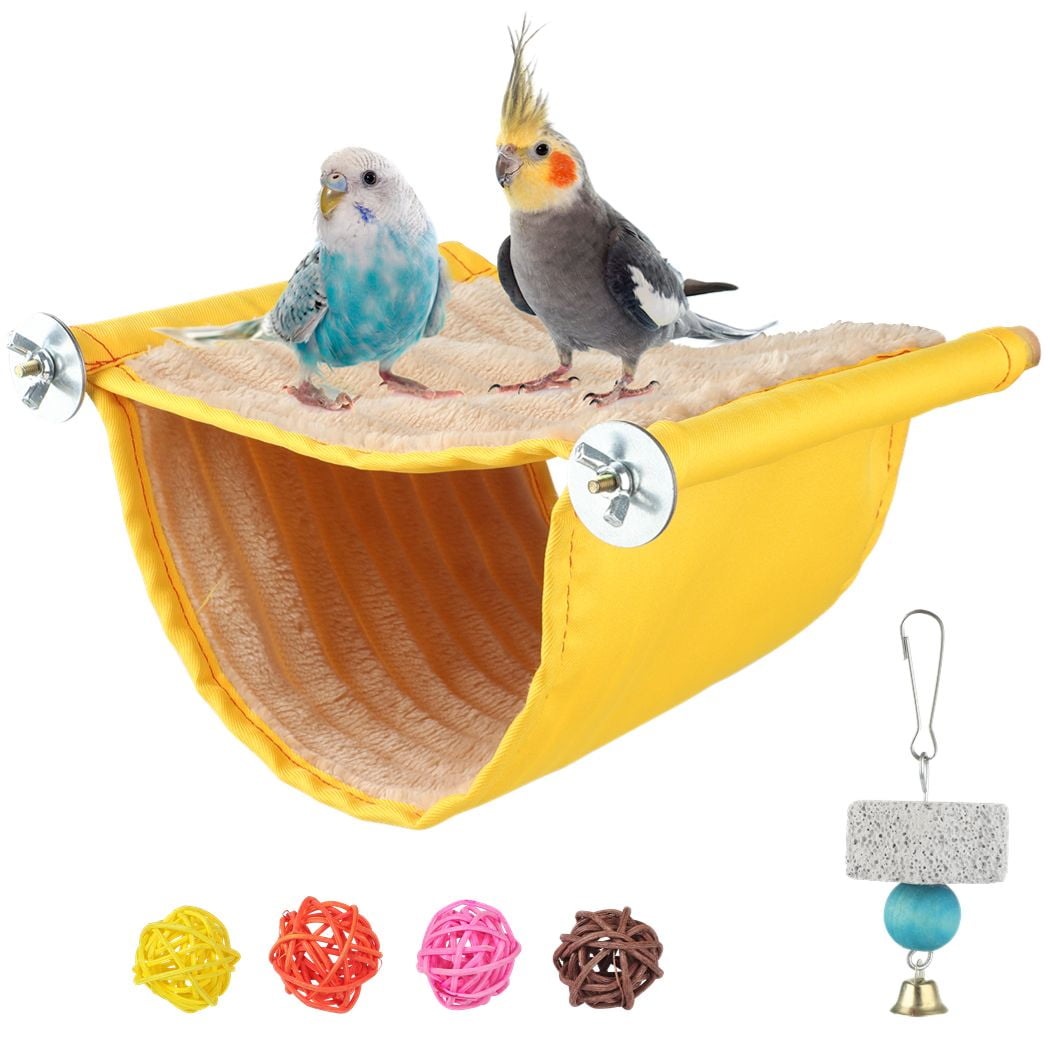 Bird Nest House, Warm Fleece Hammock Bird Nest Bed with Rattan Balls & Grinding Stone, Winter House Bed Hanging Hammock Toys Bird Wood Perch for Parrots