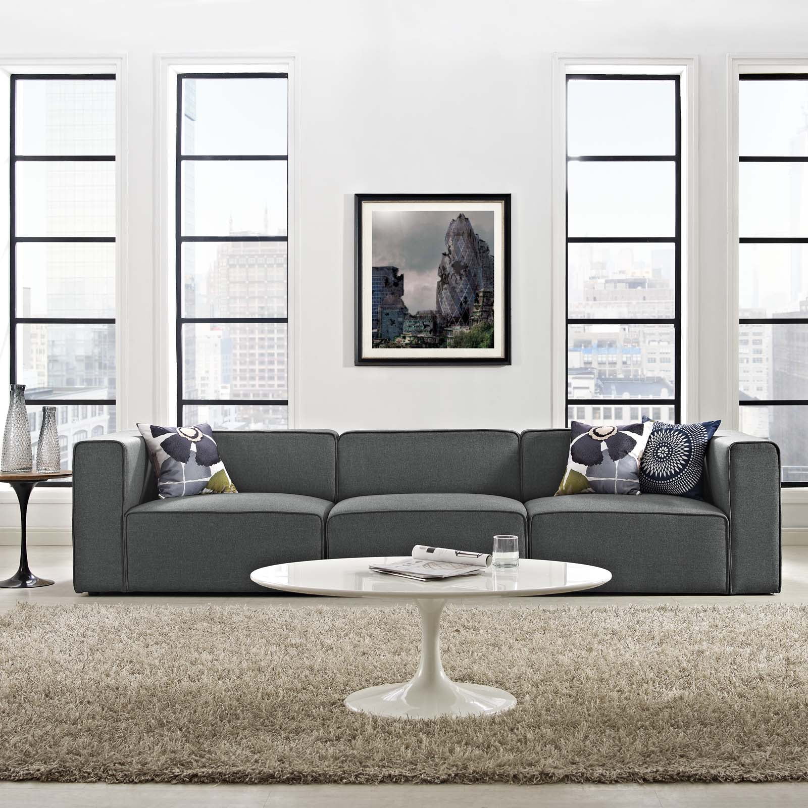 Modway Mingle 3 Piece Upholstered Fabric Sectional Sofa Set in Gray