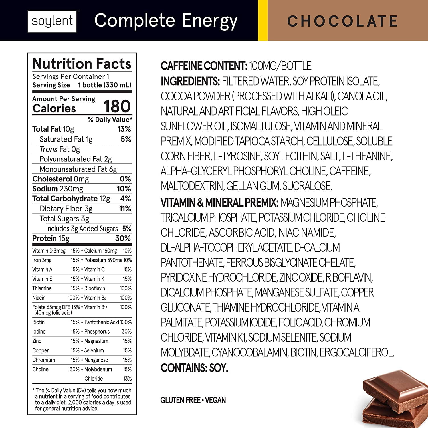Soylent Complete Energy Protein Nutrition Shake, Chocolate, 11oz, 4 Count