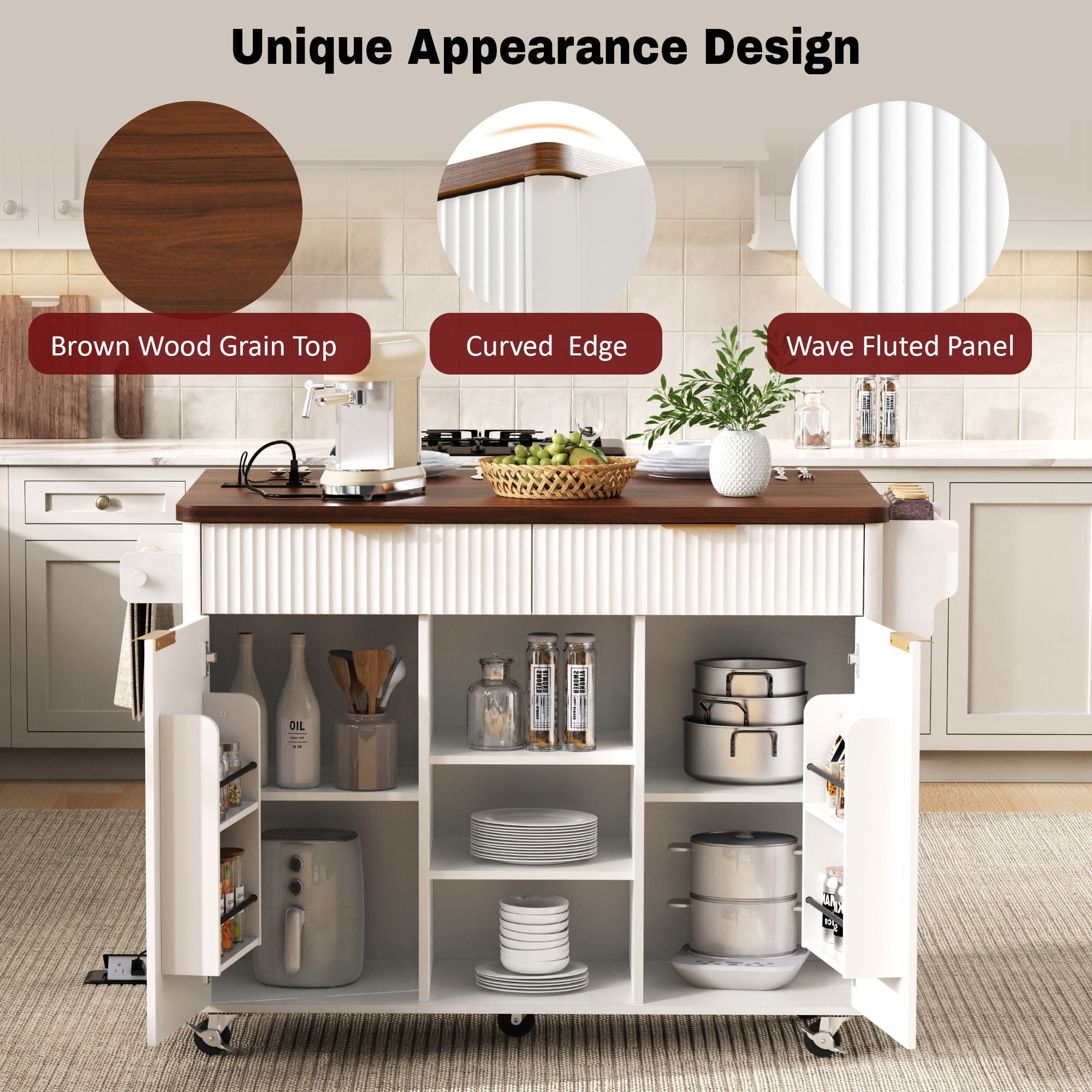 Alvantor 52" Fluted Kitchen Island with Drop Leaf, Power Outlet, Drawers, White