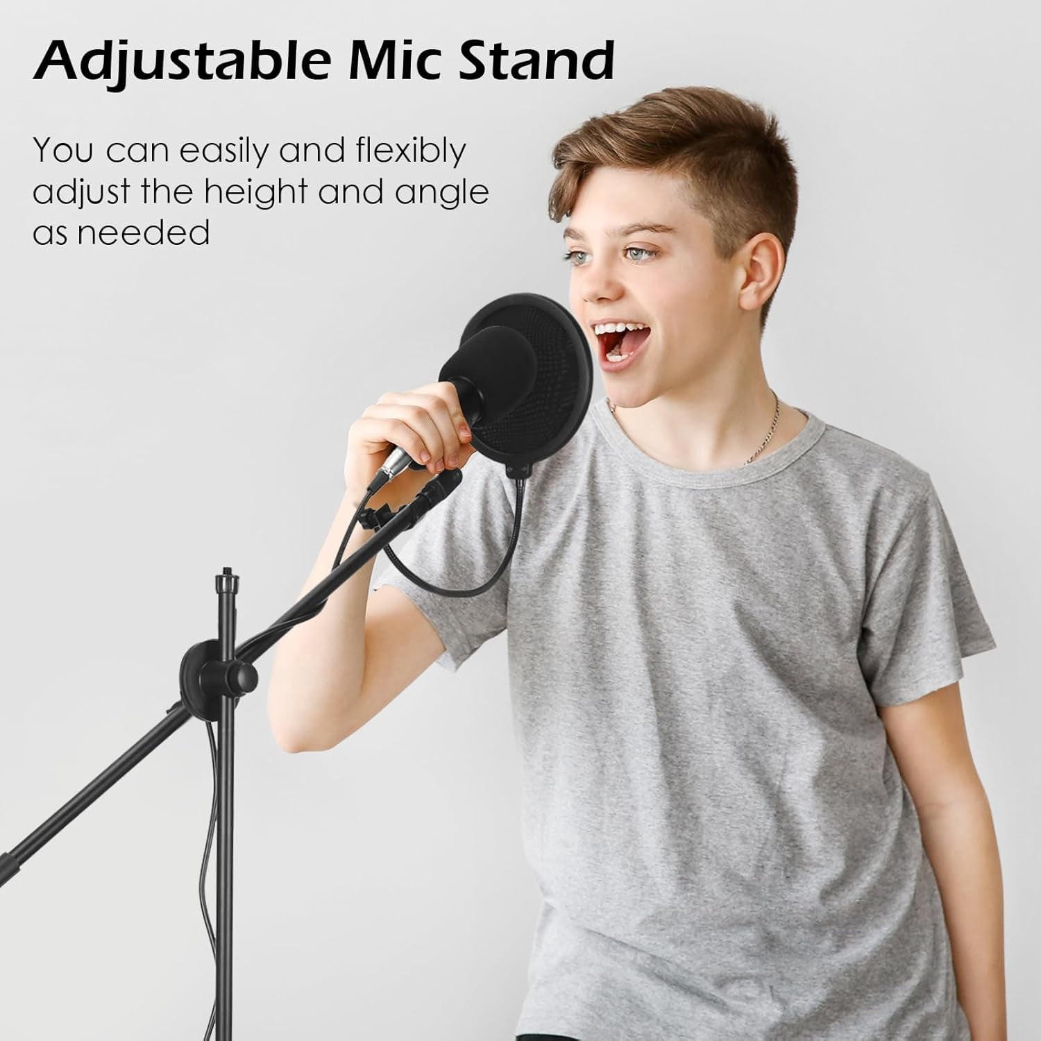 2 Pcs Adjustable Tripod Microphone Stand with  Arm, Windscreen & Clips for Live Stream Singing Stage Studio  Height 60 Inch