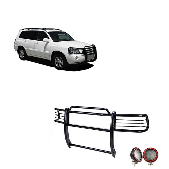 Black Horse Grille brush Bumper Guard Modular Black Come With Pair of 5.3" Dia.LED Lights with Red Trim Rings Compatible with 2001-2007 Toyota Highlander-17TL26MA-PLFR