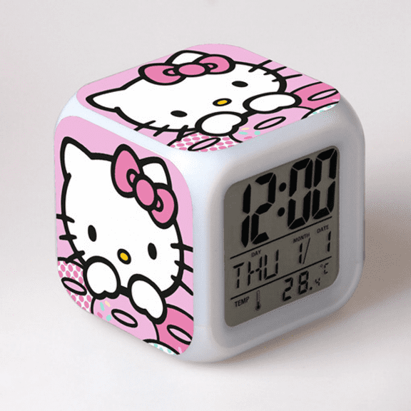 HANNTAOO Digital Alarm Clock for Kids, Hello Kitty Pattern 7 LED Color Changing Wake Up Clock with Thermometer Function and Night Light, Gift for Boys Girls A93-063 HTNL#1061