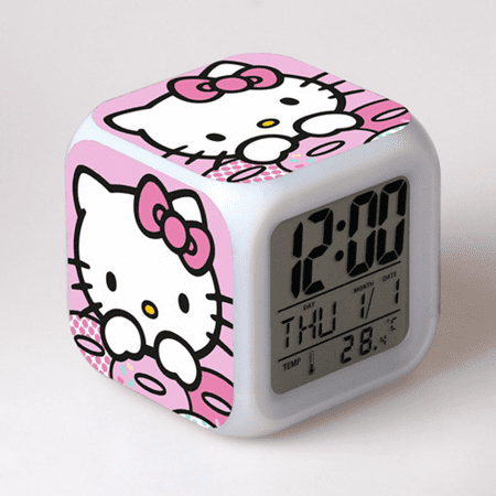 HANNTAOO Digital Alarm Clock for Kids, Hello Kitty Pattern 7 LED Color Changing Wake Up Clock with Thermometer Function and Night Light, Gift for Boys Girls A93-063 HTNL#1061