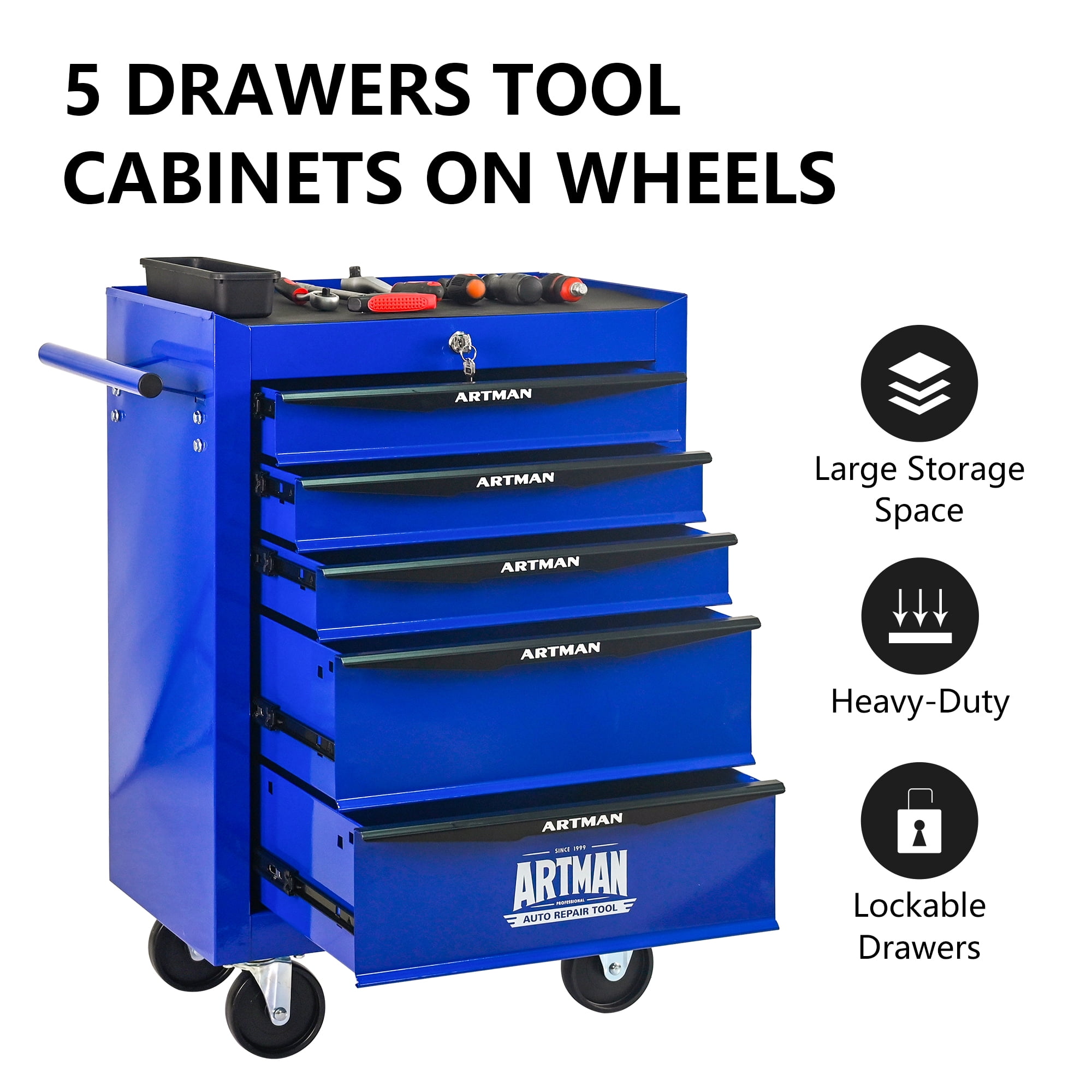 Rolling Metal Tool Chest Cabinet with 5 Drawers & Ball Bearing Drawer Slides, Steel Tool Storage Box Organizer -BLUE