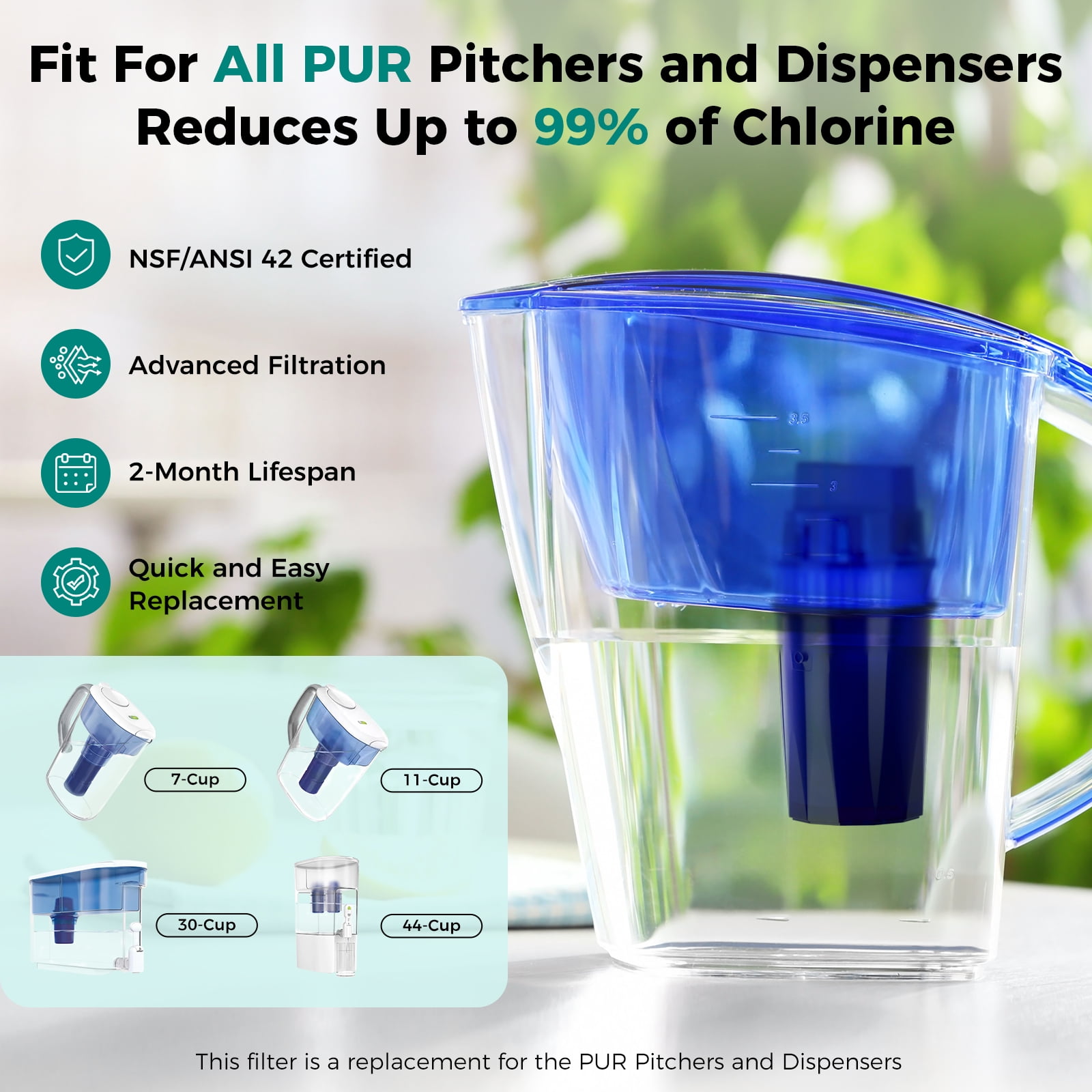 Fil-Fresh 6-Pack Water Filter Replacement for All PUR & PUR PLUS Pitchers, NSF Certified, Replaces PPF900Z, Removes Chlorine & Odor, 12-Month Supply, Blue