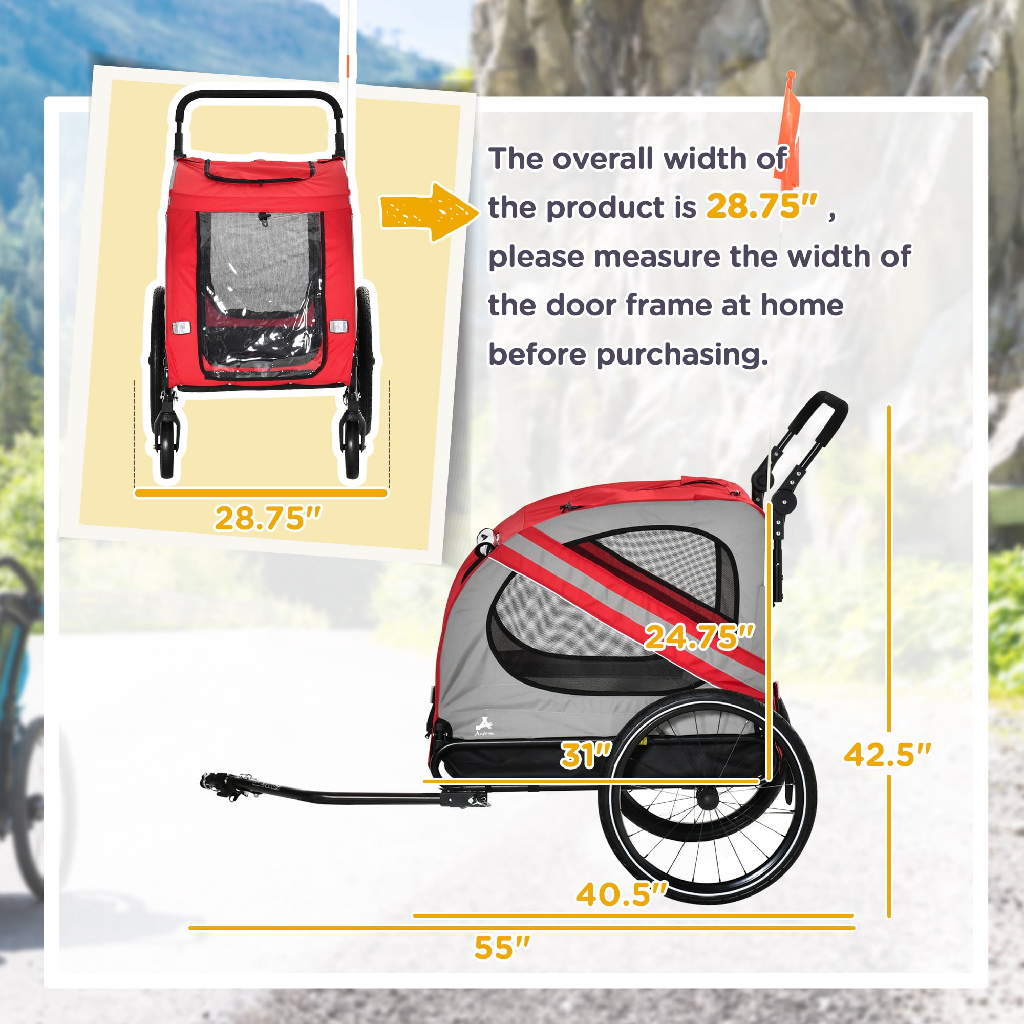2-in-1 Pet Bike Trailer for Small Dogs, Road-Visibility Bicycle Stroller, Weather-Strong Bike Wagon Trailer Sidecar Attachment, Red
