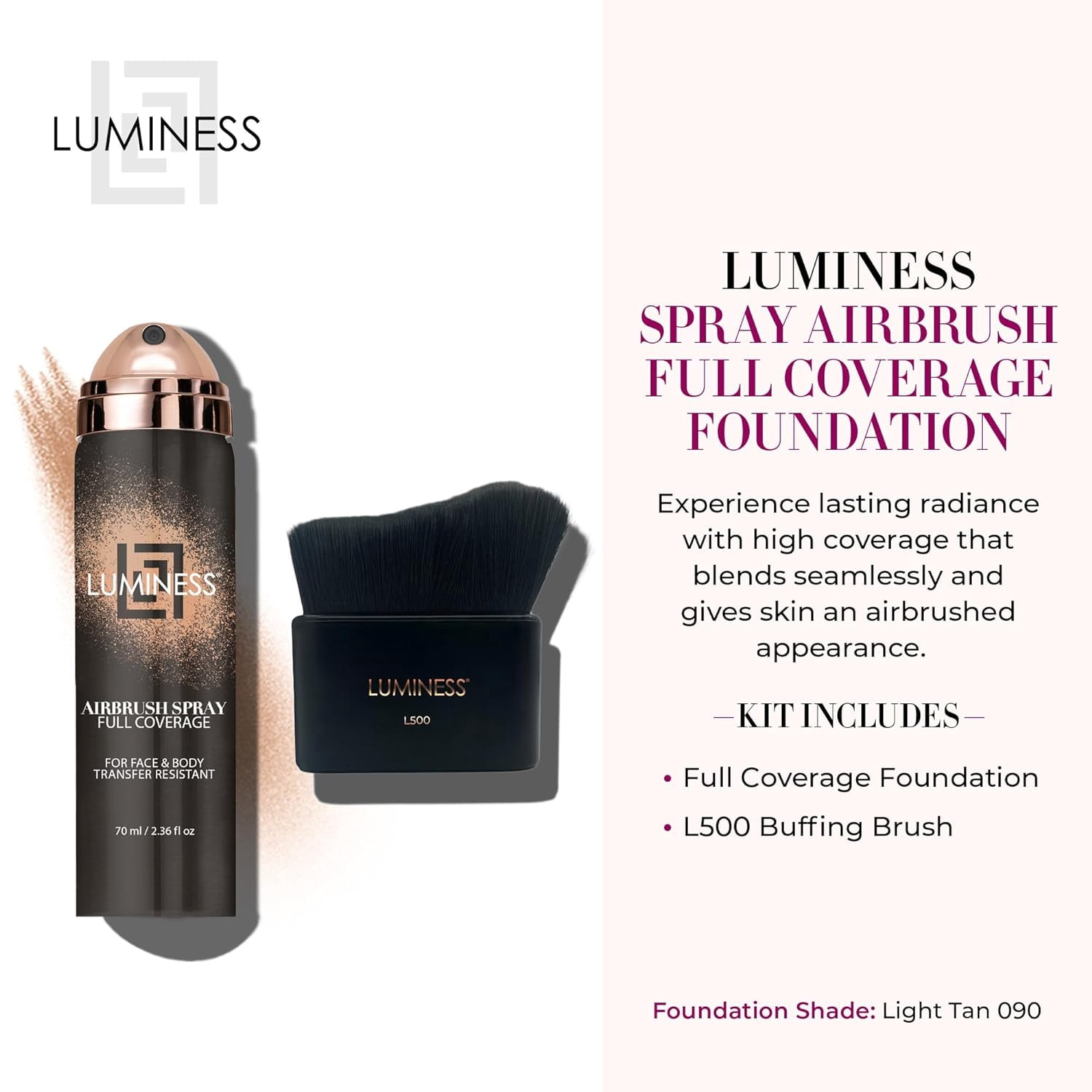 LUMINESS Spray Airbrush Foundation Makeup with Buffing Brush, Light Tan Shade 090 - Lightweight, Full Coverage Foundation for Face - Concealer for Seamless Blending, Natural-Looking Finish 2.36 fl oz