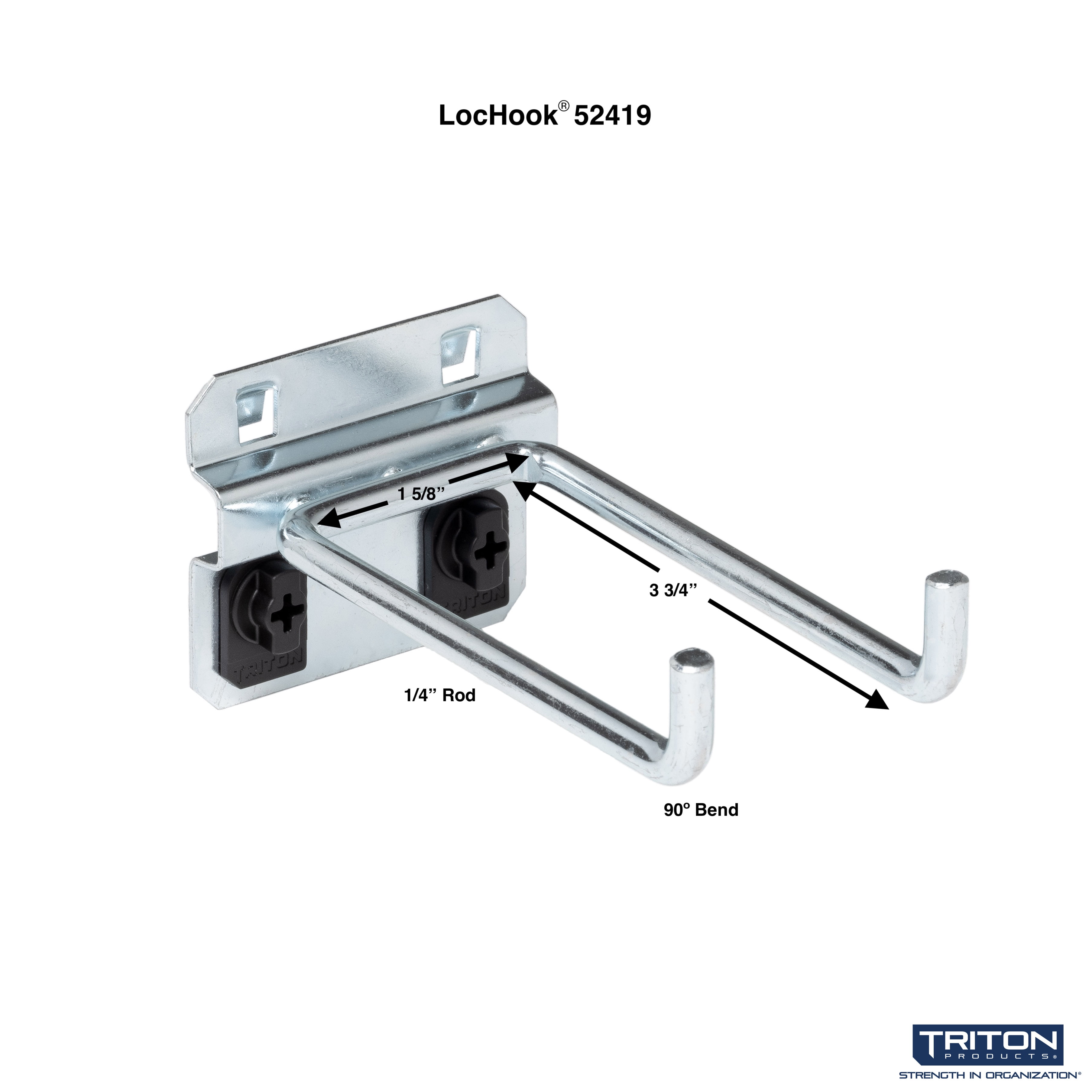 Triton Products® LocHook 4" Double Rod 90-Degree Bend 1/4"D Zinc Plated Steel Pegboard Hook for LocBoard, 5pk