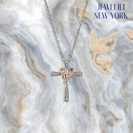 Jewelili - Diamond Heart Cross Pendant Necklace Rose Gold Overlay on