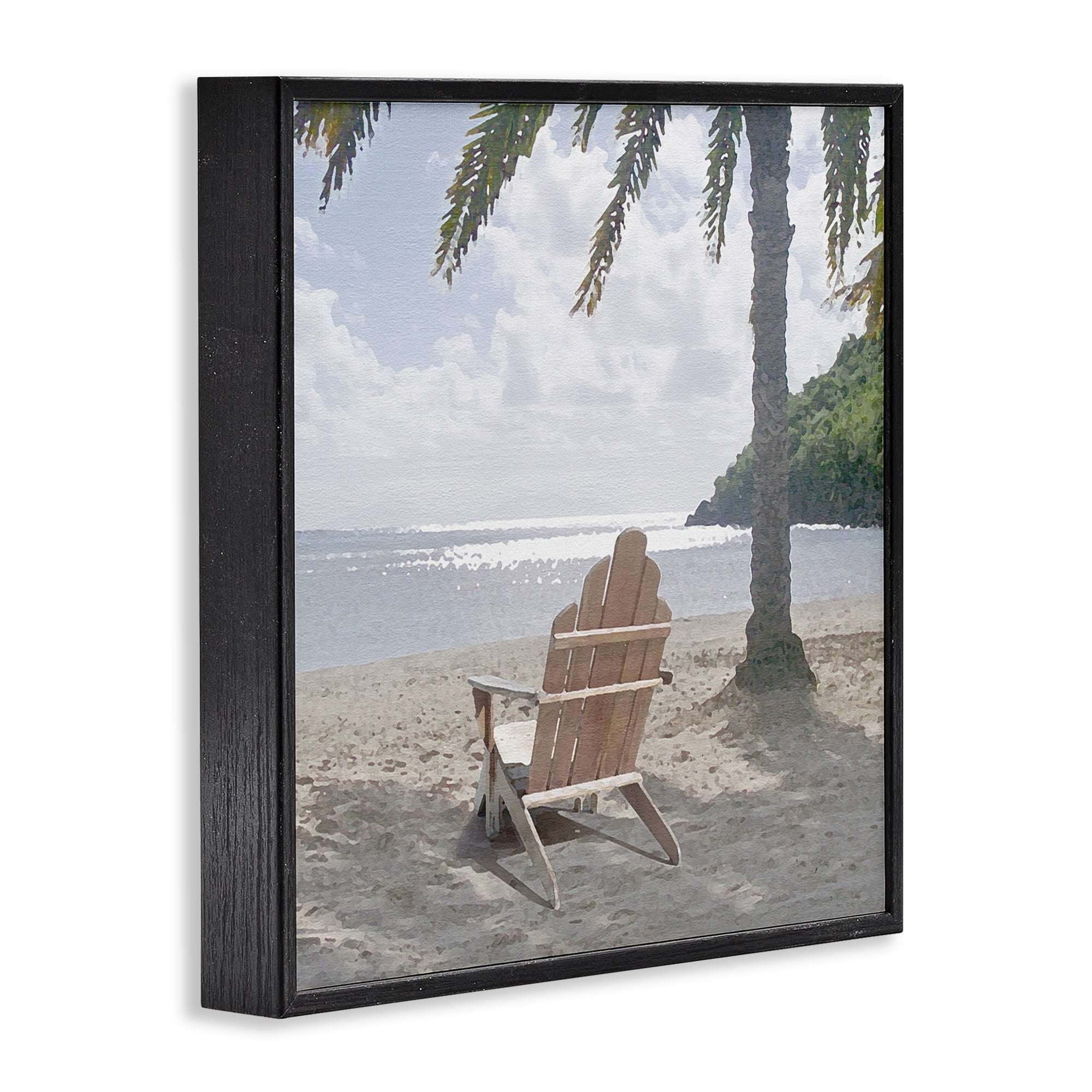 Stupell Industries Chair Under Palm Tree Coastal Photography Black Framed Art Print Wall Art, 12 x 12