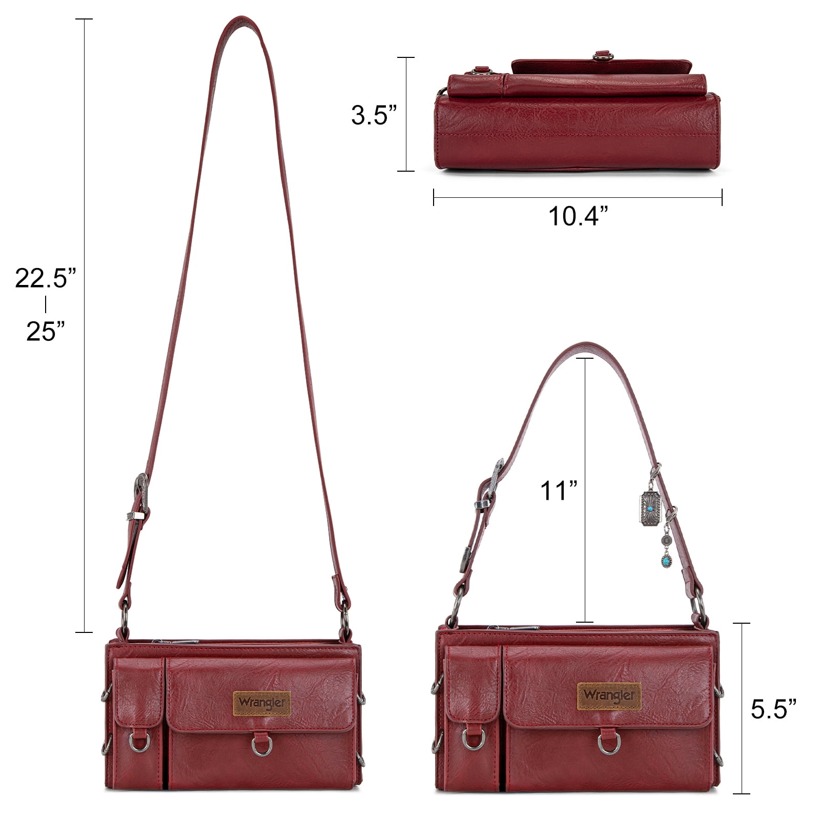 Wrangler Y2K Purse Small Shoulder Bag for Women Stylish Western Design with Detachable Charms Multiple Pockets, Burgundy