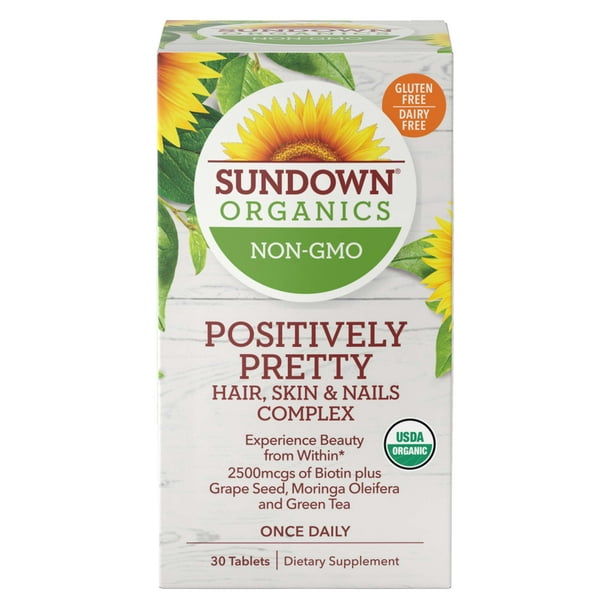 Sundown Organics - Positively Pretty, Hair, Skin, Nails Complex, 100%  Non-GMO, USDA Certified Organic, 30 Tablets 