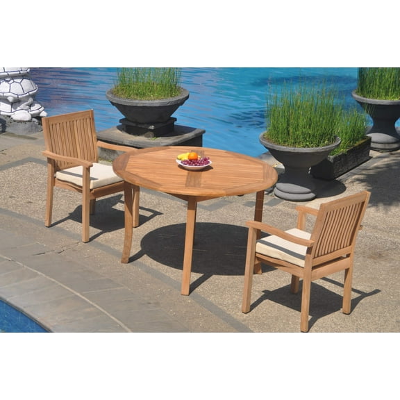 Grade-A Teak Dining Set: 2 Seater 3 Pc: 48" Round Table And 2 Leveb Stacking Arm Chairs Outdoor Patio WholesaleTeak #WMDSWVm