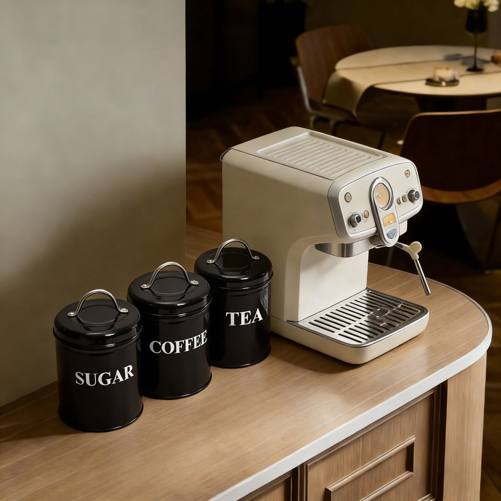 Pethiy Coffee Container Set, 3Pcs Black Metal Airtight Canisters with Lids & Serving Tray, Sealed Storage Jars for Coffee, Tea & Sugar, Kitchen Countertop Organization