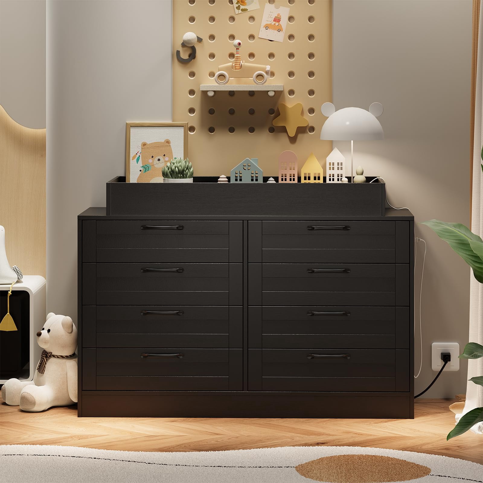 Danolapsi Baby Changing Dresser with 8 Drawers,Wooden Nursery Dresser with Safety Rail & Open Shelf, Changing Table Station Space-Saving Organizer