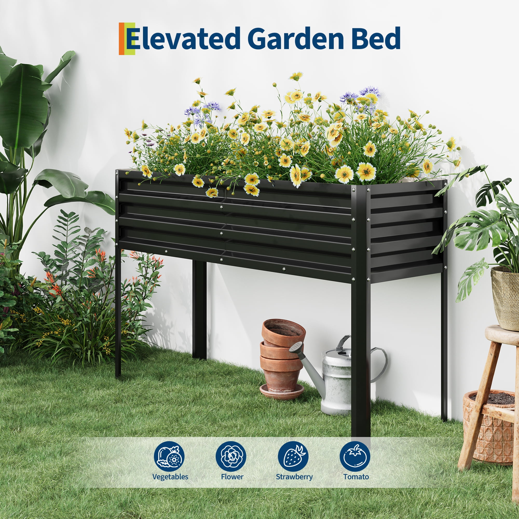 50×17×32 in Elevated Metal Raised Garden Bed with Legs – Self-Watering & Drainage System – Sturdy Galvanized Planter Box for Growing Vegetables, Flowers, Herbs – Patio, Backyard, Balcony – Black