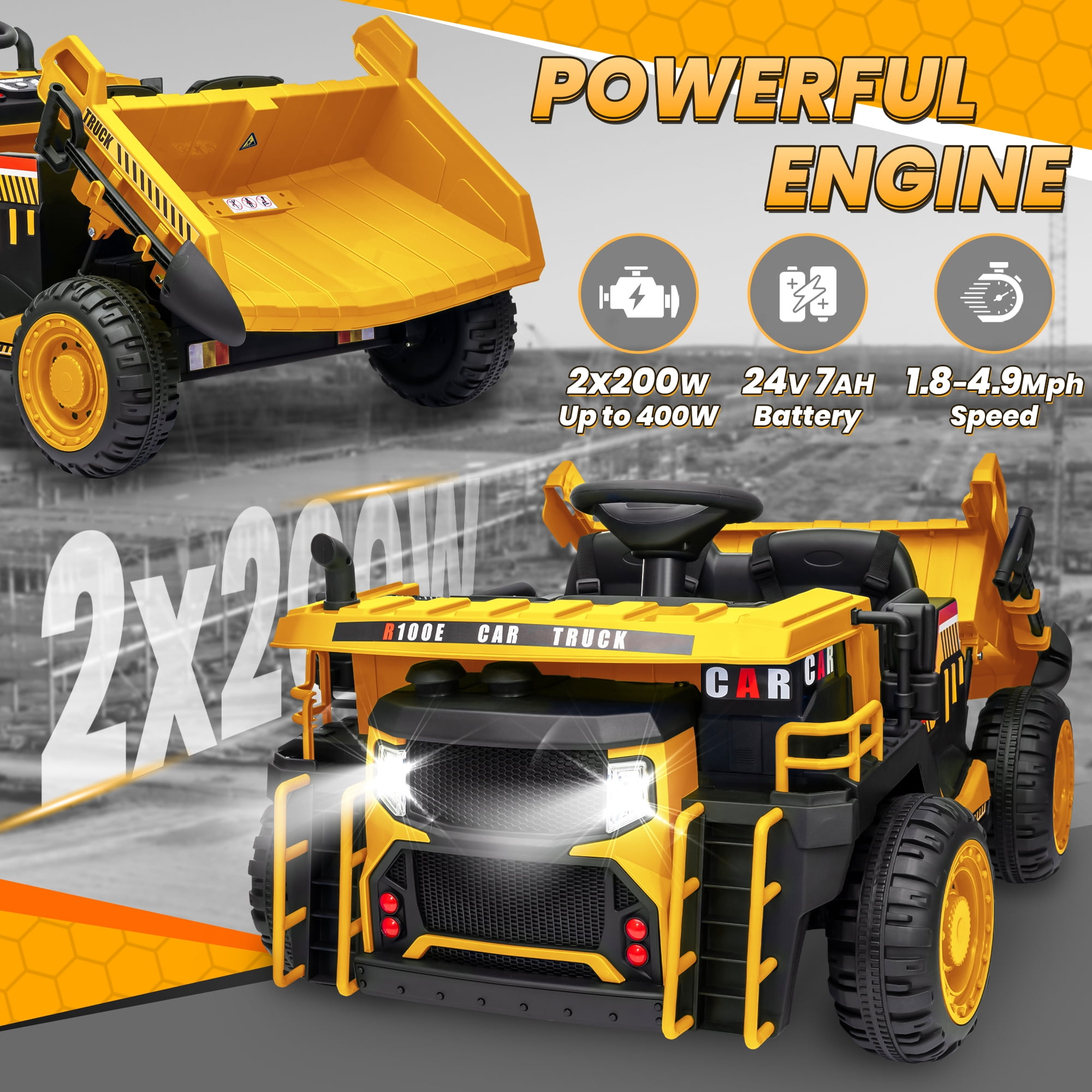 Funride 24V Ride on Toys 2 Seater Ride on Dump Truck w/ Remote Control w/ Dump Bed, 3 Speeds, Shovel, Bluetooth/Music, Big Kids, Yellow