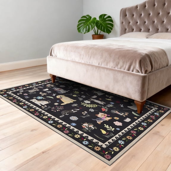 Washable Area Rug 5'x7', Soft Floral Bedroom Rug, Bohemian Non-slip Living Room Rug, Pink Floral