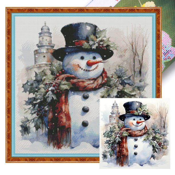 Kit Punto Cruz Con Muñeco Nieve Hilo Algodón Ecológico Bordado 11CT 50x50cm