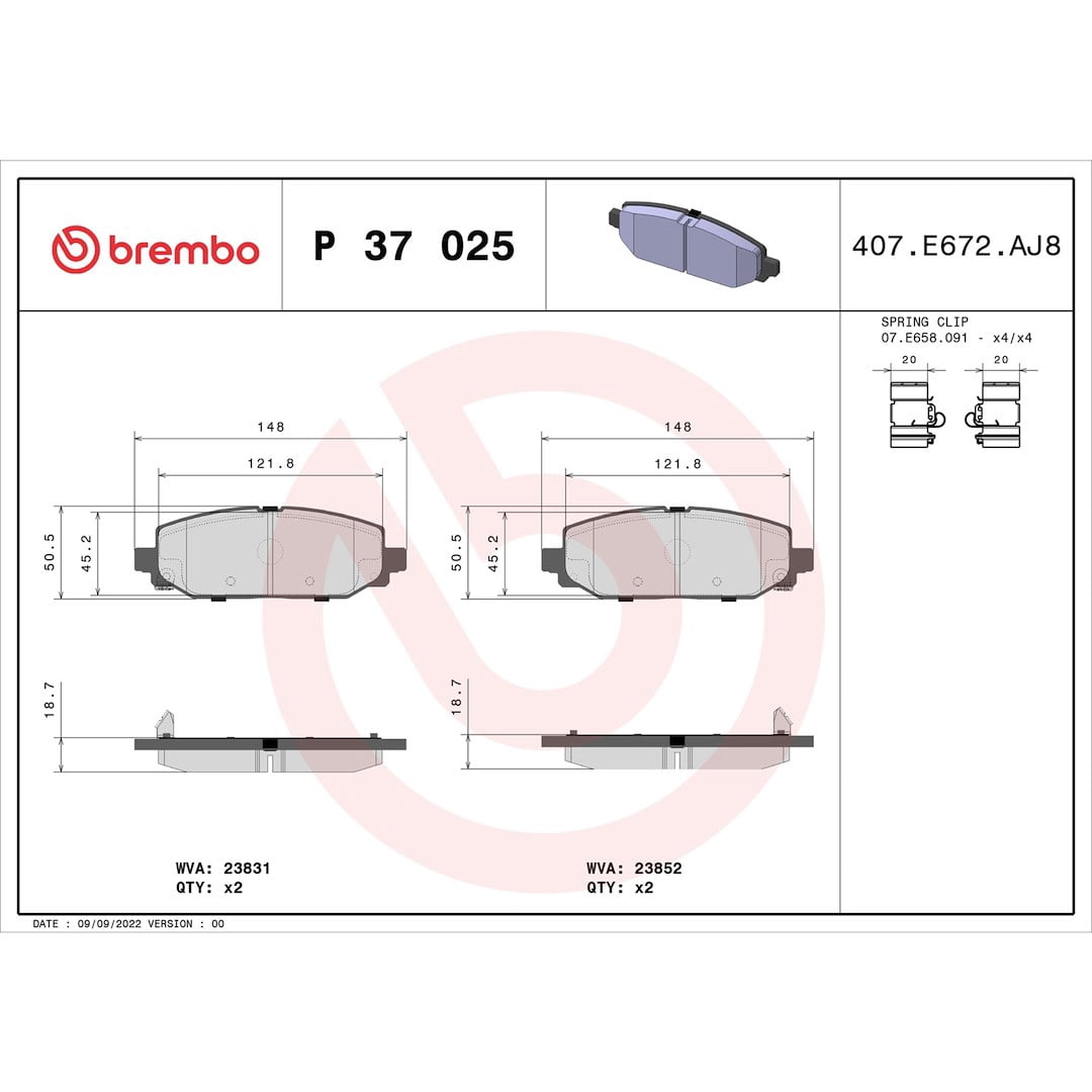 Brembo P37025; Brake Pad; PRIMELINE; FMSI Number D2186-9430; Low-Metallic; Set Of 4; With Mounting Hardware