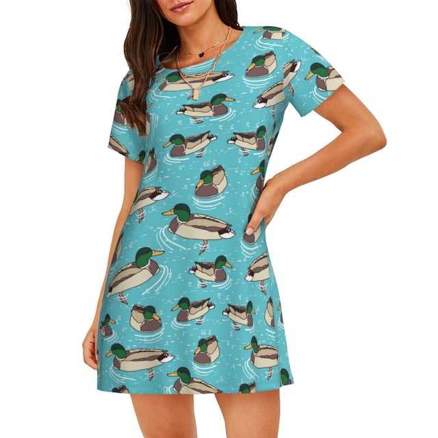 Saiise Chemise de Nuit à Manches Courtes Motif Canards Col Rond Mignonne à Volants Confortable pour Femmes