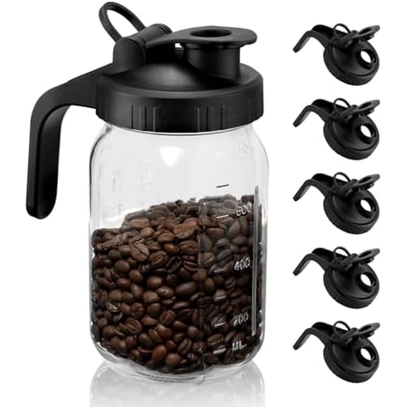 Wide Mouth Mason Jar Lids with Handle 6Pack Black, Plastic Mason Jar Pour Spout Lid, Reusable Flip Cap Lid, Canning Lids with Leak-proof Airtight Seal (Jar Not Included)