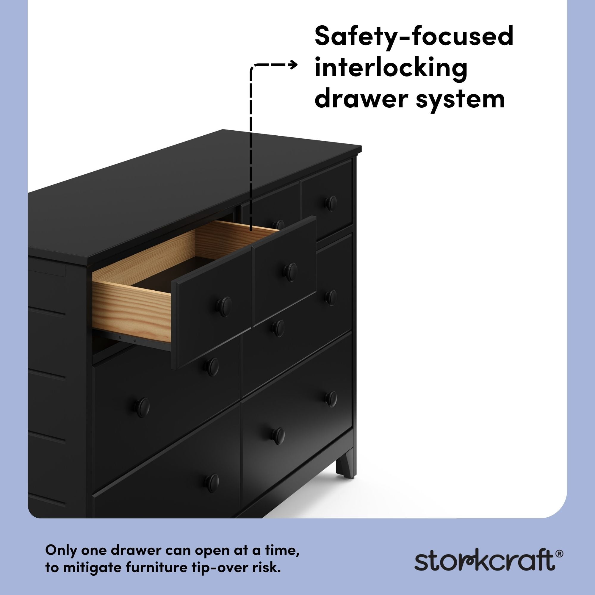 Storkcraft Moss 6 Drawer Nursery Double Dresser, Black